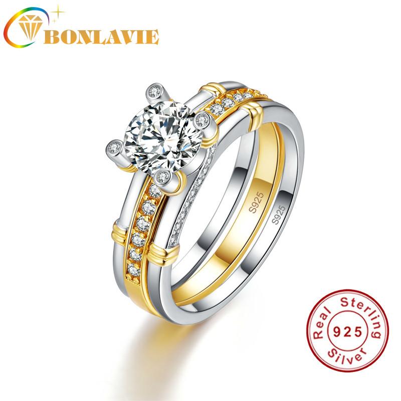 

Cluster Rings Quality 2pcs/lots 925 Sterling Silver Ring 18k Gold Plated Tail 2.6ct Topaz Real Couple Wedding For Women