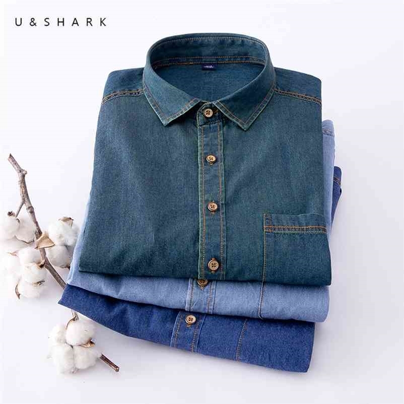 

U&SHARK Blue Denim Shirt for Men Casual Cowboy Shirts Cotton Long Sleeve Vintage Shirt Male Clothing Fashion Stylish Chambray 210708, Washed denim