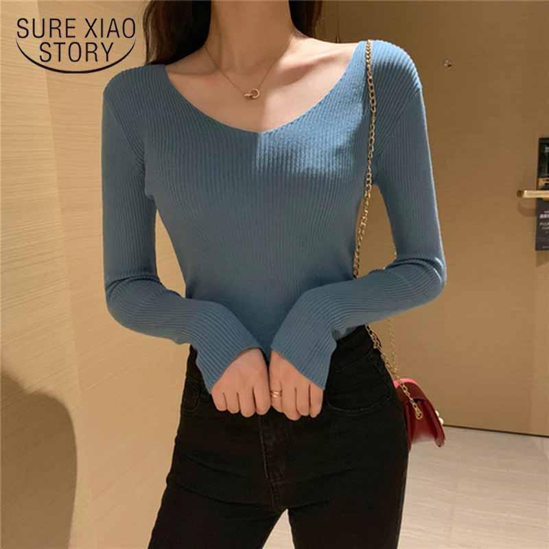 

Women's Sweaters Knitted Sweater Autumn Winter V-Neck Women Pullovers Solid Slim Jumper Long Sleeve Korean Pull Femme 10818, White;black