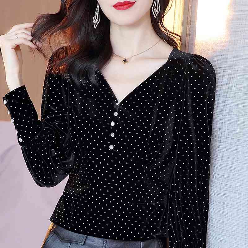 

Autumn Long Sleeve Blouse Women Blusas Mujer De Moda Velour Winter Women Clothing V-Neck Dot Women Blouse Shirt Blusa D694 210602, Black