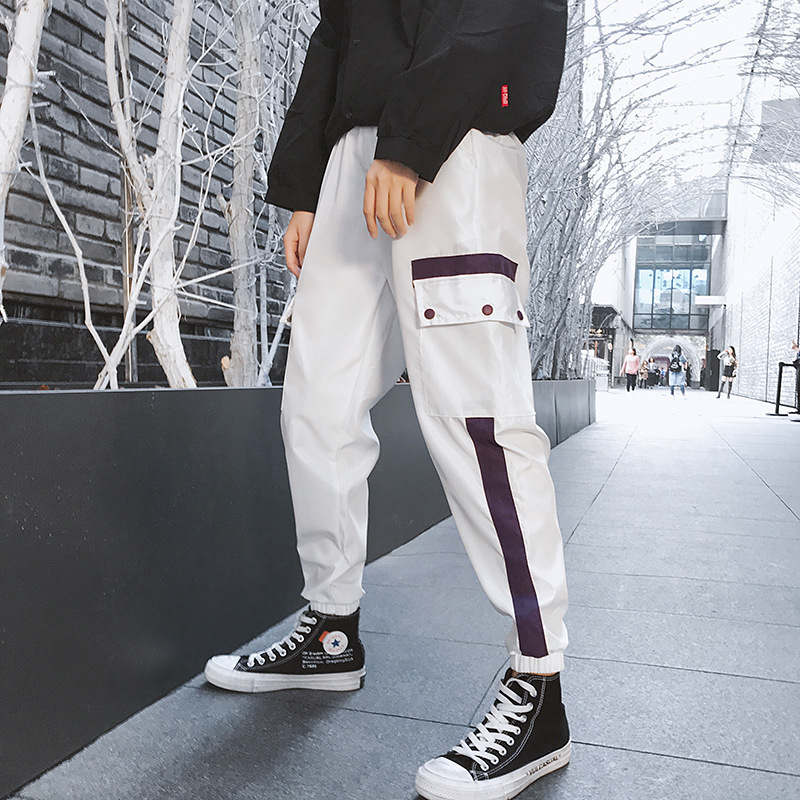 

2021 New Rushed Cargo Pants Loose Polyester Mid Men Color Jogger Tactical Trousers Tide Harajuku Streetwear Pantalon Homme Plus Size 898y, White