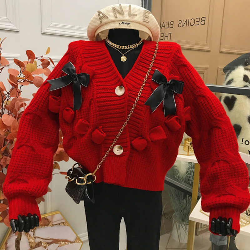 

Spring Arrivals Solid Color V-neck Long Sleeve Bow Single Breasted Knitted Vintage Style Sweater Cardigan MZ532 210525, White