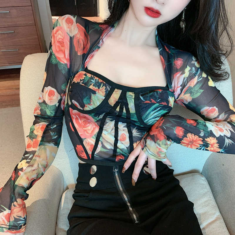 

Floral Vintage Boho Sexy Korean Female Square Neck Slim Mesh Summer Tops Long Sleeve Short T-shirt Bottom Top Tees 2R78 210603, Color