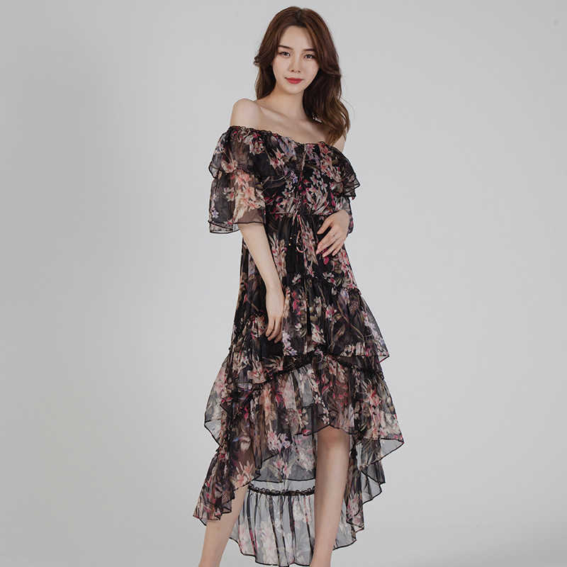 

Women Flower Print Irregular Chiffon Dress Off Shoulder Summer Ruffle Beach Boho Dresses Female Vestidos Robes 210608, Floral