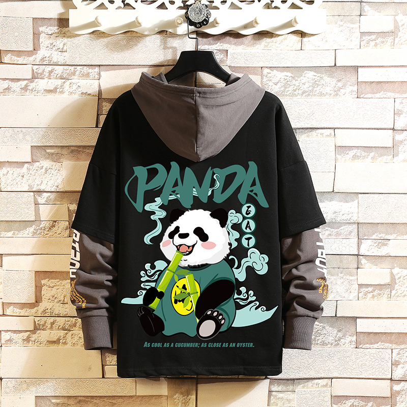 

2021 New Chique Retalhos Hoodie Panda Manga Longa Capuz Pulver Hoodies Masculino Casual Moda Juventude Roupas Ibor, Black