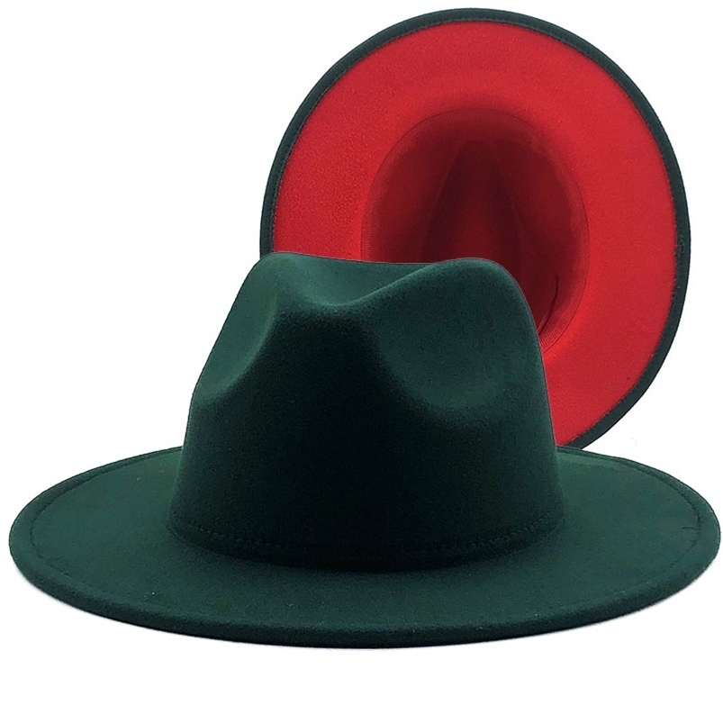 

Simple Outer Dark green Inner red Wool Felt Jazz Fedora Hats with Thin Belt Buckle Men Women Wide Brim Panama Trilby Cap 56-60CM 210608, Black