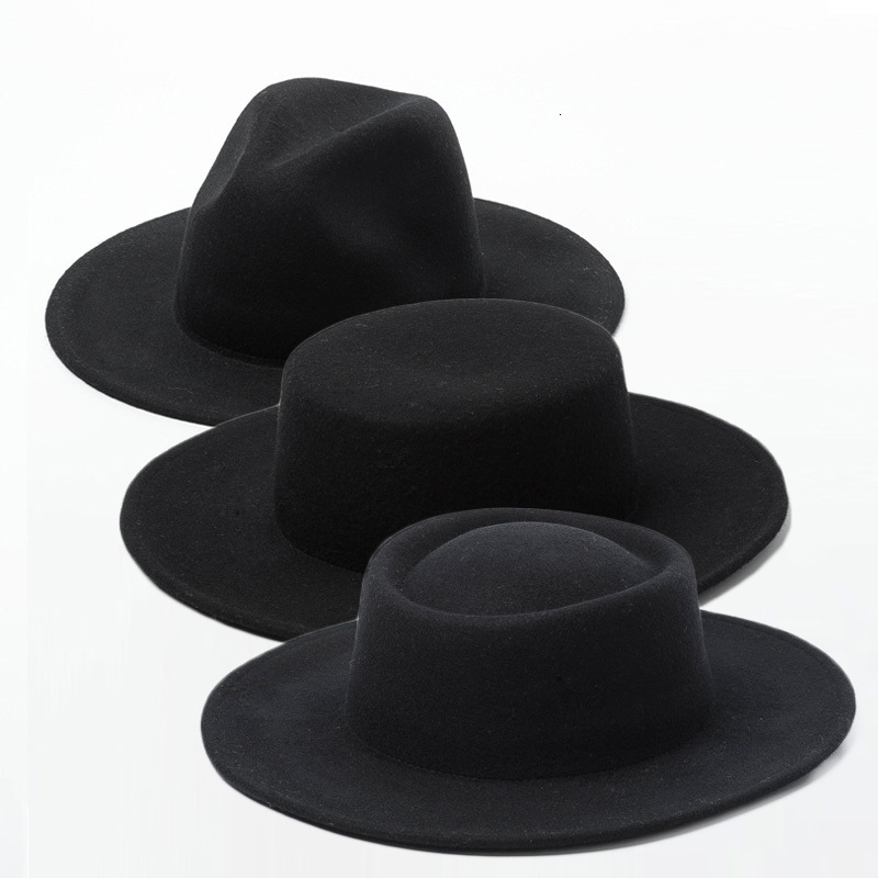 

2021 New Australian Wool Black Fedora Women Men Wide Brim Panama Crushable Boater Wedding Party Church Floppy Warm Winter Hat 2ybs, Ring top-black