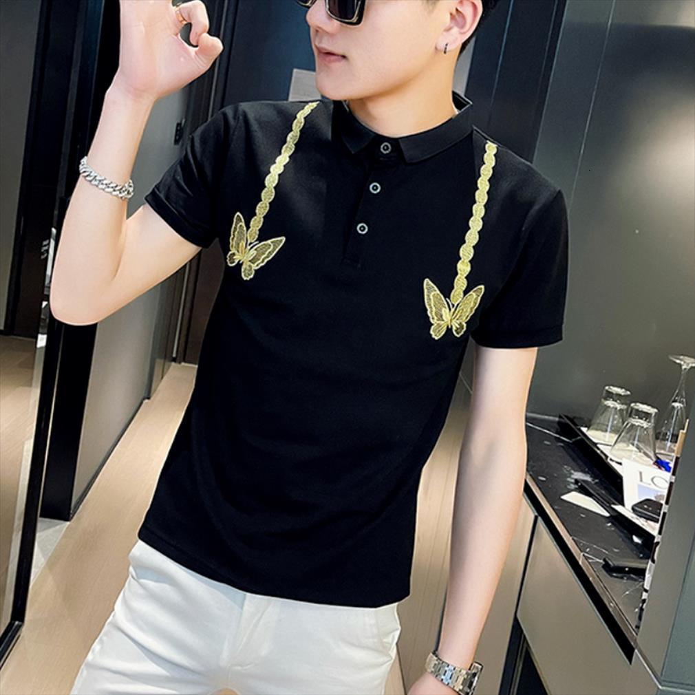

butterfly embroidery shirts men polos short sleeve slim casual male business formal social lapel tee clothing, White;black