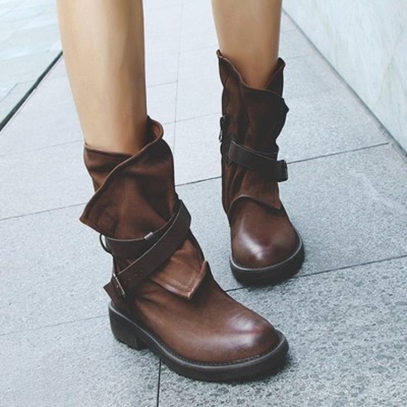 

Boots 2021 Women's Europe And America Ladies Leather Retro Dark Black Old Pleated Single, Brown piri