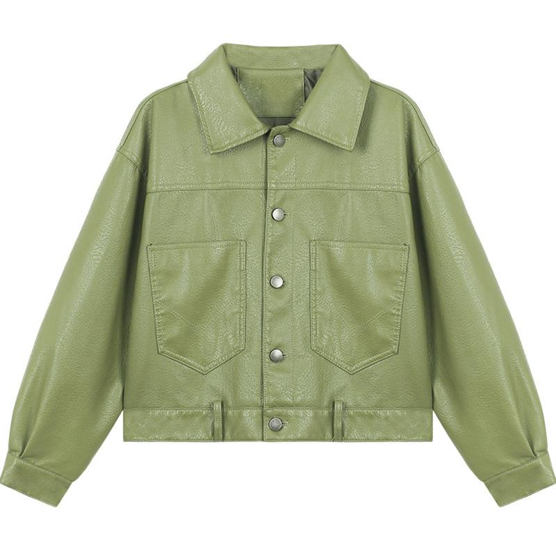 

Women's Leather & Faux Chic Korean Version Loose Short Green Color Motorcycle Pu Women Jacket Coats Tops Clothes, Black