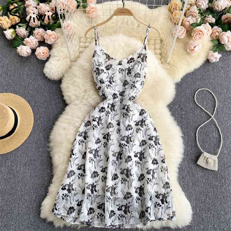 

Floral Print Chiffon Spaghetti Strap Long Prom Dress for Women Summer V Neck Casual A-line Boho Midi Dresses White 210607