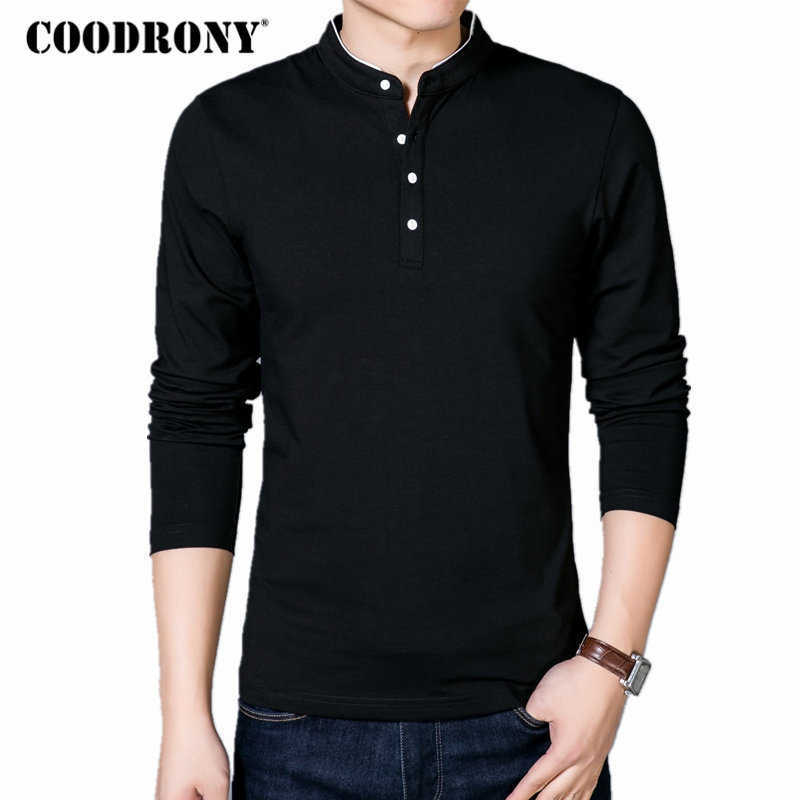 

COODRONY T-Shirt Men Spring Autumn Cotton T Shirt Solid Color Chinese Style Mandarin Collar Long Sleeve Top Tee 608 210629, Gray
