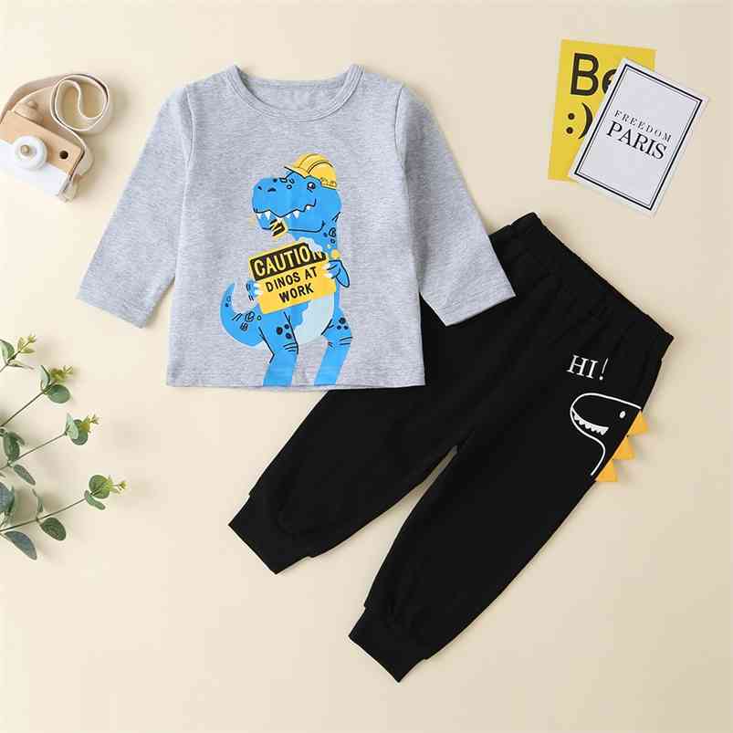 

Winter Children Sets Casual Boys Cotton Long Sleeve O Neck Cartoon Dinosaur T-Shirt Black Pants Clothes 3M-24M 210629, Gray