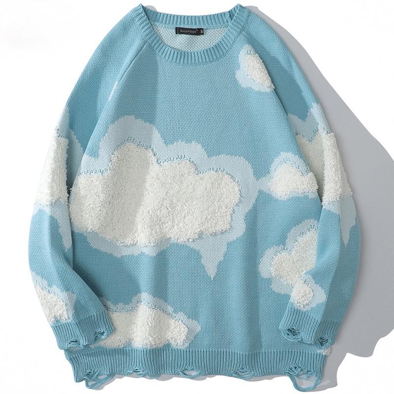 

Men's Sweaters Men Sweater Furry Cloud Broken Hole Knitted Pullover Casual Loose Couple Jumper Harajuku Fashion Autumn Streetwear, Pink