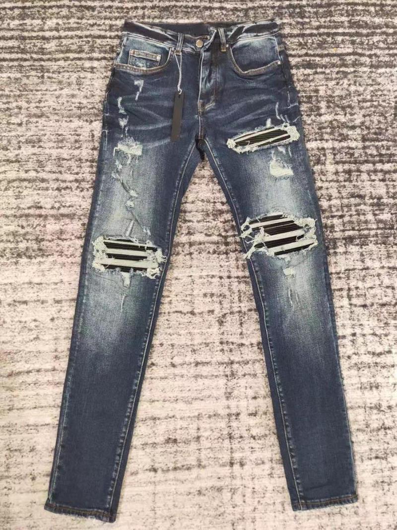 

Men's Jeans Men Mx1 Pu Leather Patch Distressed Indigo, As pic