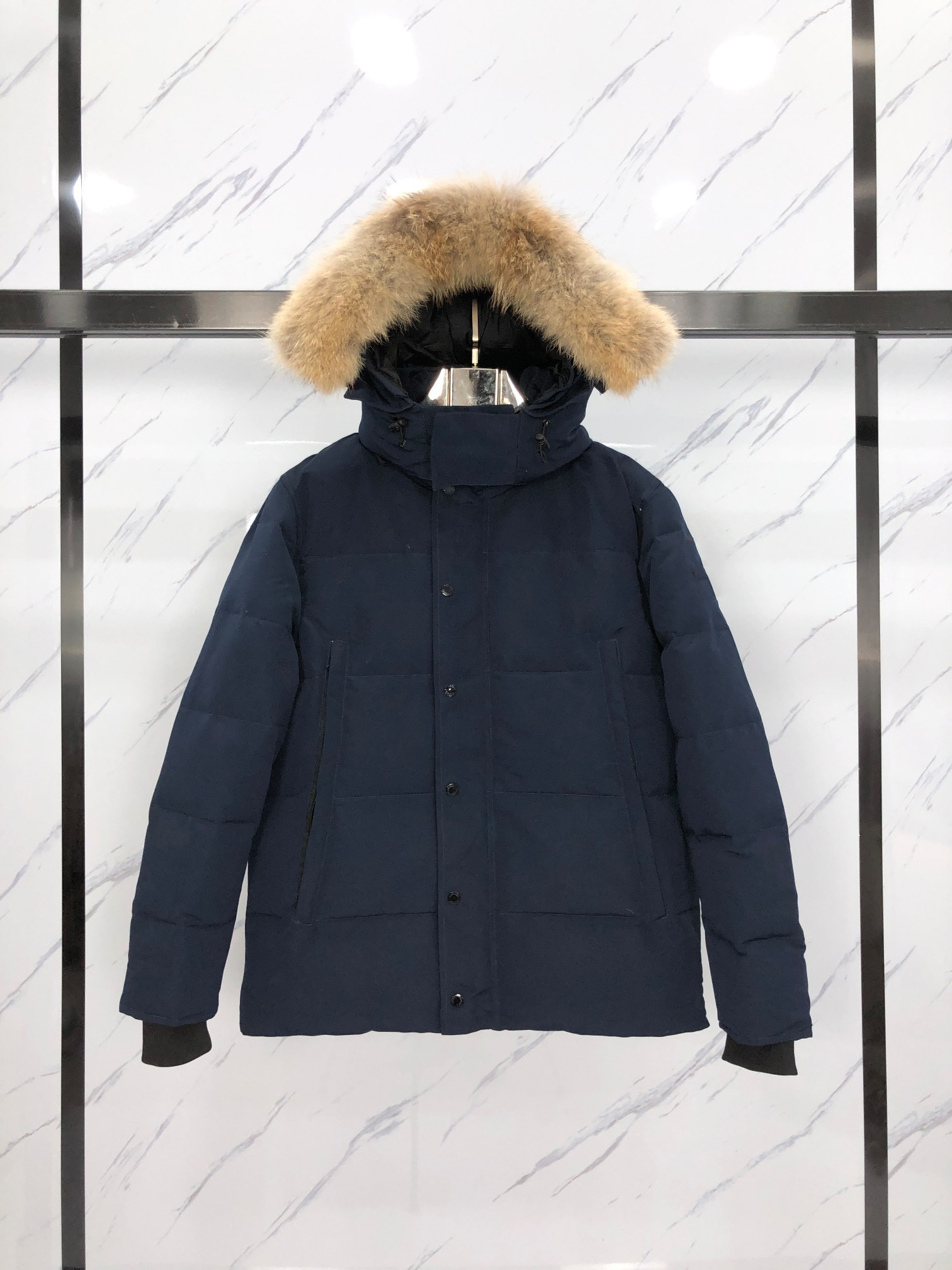 

5 colours snow coats Wyndham men down jackets with coyote fur trim high quality keep warm parkas ykk zipper, Navy blue