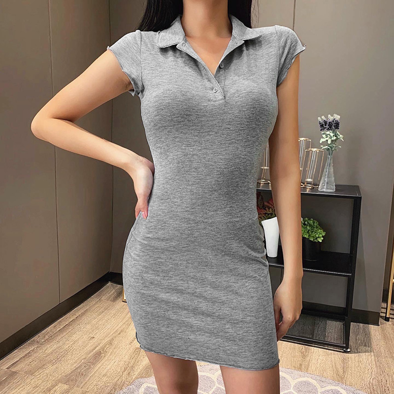 

casual elegant women mini dress short sleeve turn down collar solid cotton soft summer female party 2021 slim dresses, Black;gray
