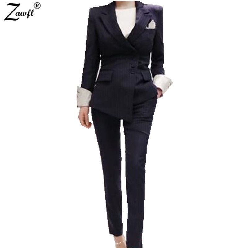 

ZAWFL Arrival Spring Fashion Women' Business Pants Suits Striped Slim Blazer Coat For Women 2 Pieces Set 210525, Picture color