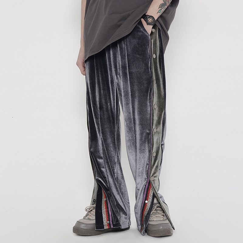 

2021 New Color Block Side Button Fleece Casual Trousers Men and Women Straight Veet Loose Track High Street Oversize Baggy Pants F5ff, Black
