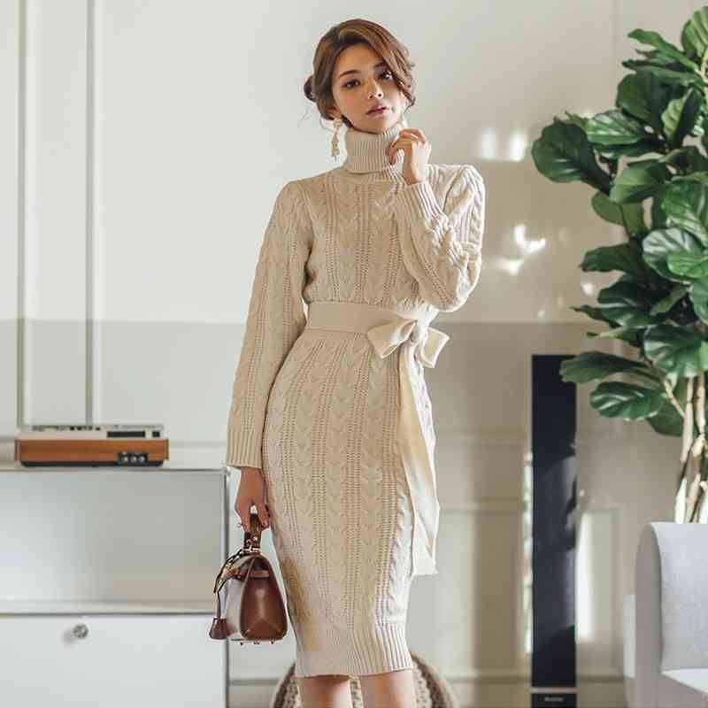 

Banulin Women Winter Knit Dresses Europe Long Sleeve Turtleneck Casual Slim Warm Sweater Dress Women's Clothing Pullovers 210603, Beige