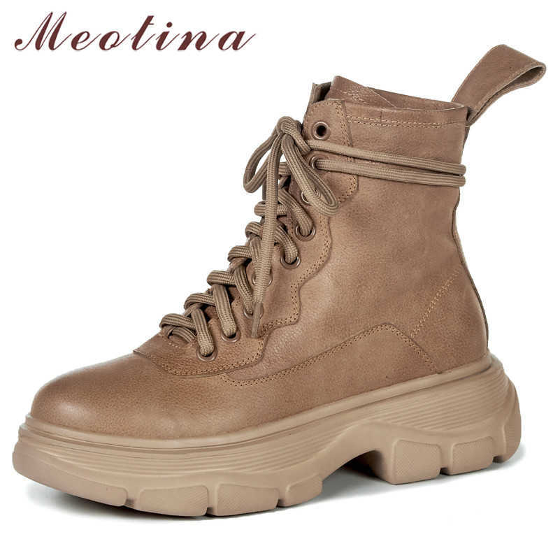 

Meotina Women Ankle Boots Shoes Real Leather Flat Platform Boots Zipper Cross Tied Ladies Short Boots Autumn Winter Apricot 41 210608, Black synthetic lin