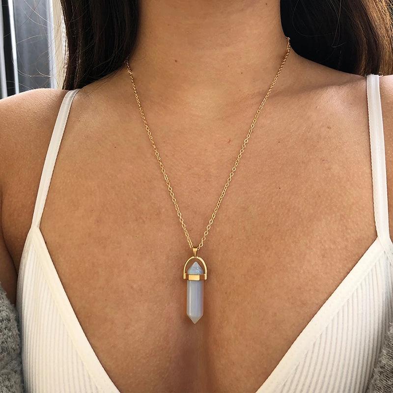 

Chains Fluorite Quartz Crystal Necklace Bohemian Hexagon Opal Chain Pendant For Women Hexagonal Stone Jewelry, Silver
