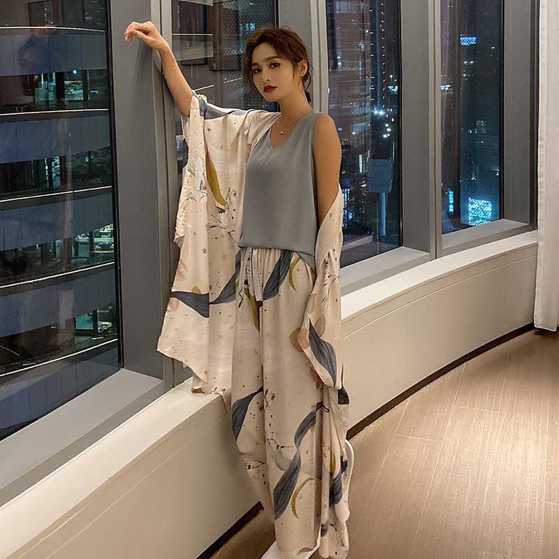 

New 4 Pieces Printed Pajamas For women Sets Autumn Pyjamas Set Viscose Floral Pink Female Night Suits Pyjamas Sets, Zuozi