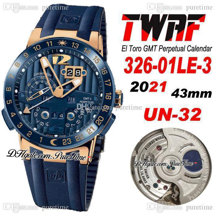 

TWAF Executive El Toro UN-32 Automatic Mens Watch GMT Perpetual Calendar Rose Gold Blue Textured Dial Rubber Strap 326-01LE-3 Super Edition Watches 2021 Puretime D4, Customized enhanced waterproof service