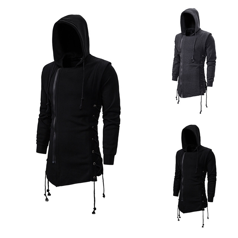 

Assassin Creed Sweatercoat Dark Tie Hooded Loose Coat Zipper Hoodie with Side Lashing Crossed Black Dark Grey Hoodies Men 201104