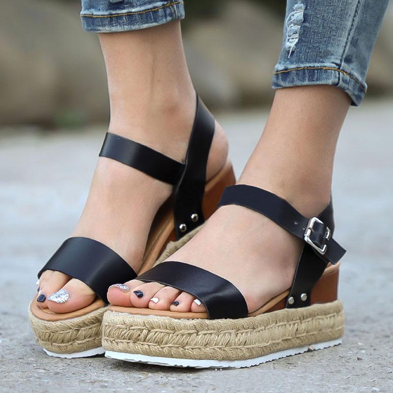 

Women Wedge Flats Sandals Ankle Strap Peep Toe Sexy Summer Ladies Casual Shoes Comfortable Foot Bed Beach Retro Female Sandalias, Black