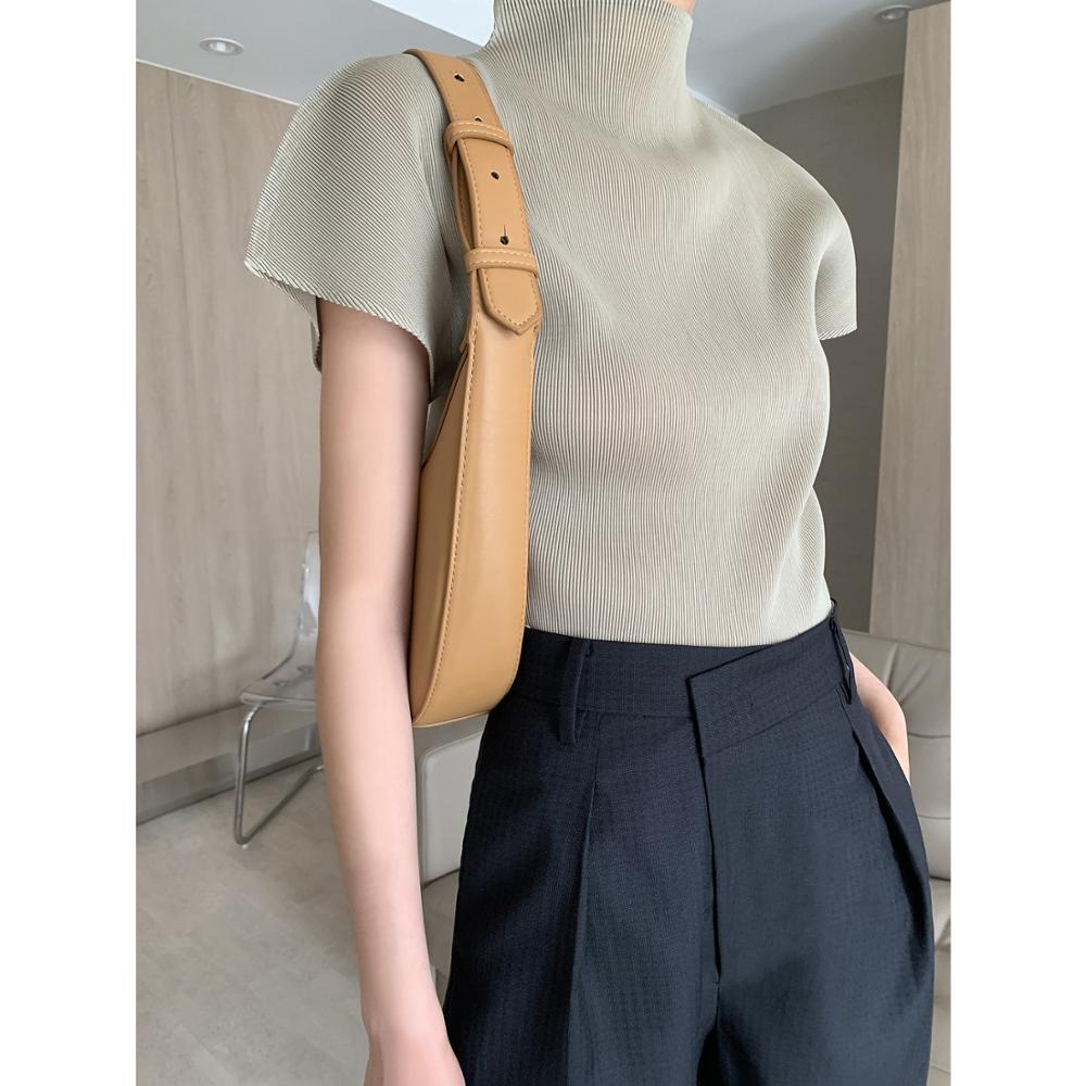 

2021 New Pleated Tops Turtleneck Collar Women's Korean Style Thin T-shirt Women Covering Meat Jv7l, Pink