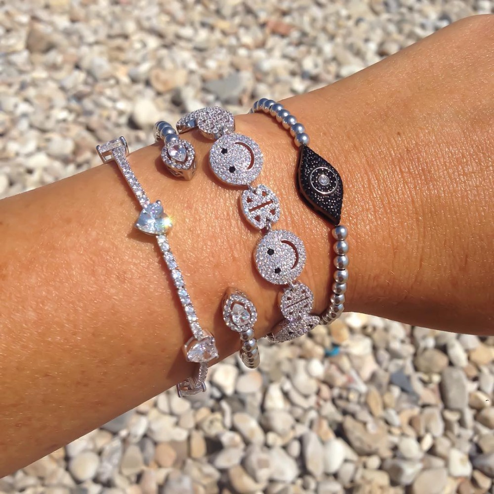

Hot Brand Woman 2017 new Sparking micro pave clear zirconia Happy face happy link chain unique stylish bracelet, Silver