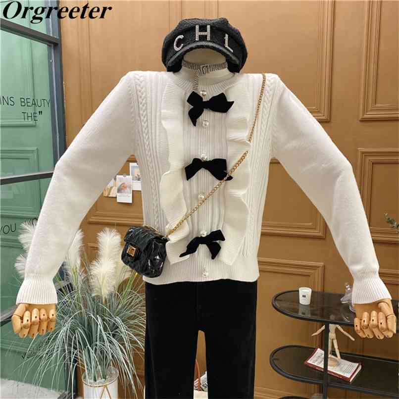 

Fall/Winter All-match Knitted Pullover Tops Women O-neck Long Sleeve Pearl Beaded Ruffles Trim Bow Deco Sweater 210602, White