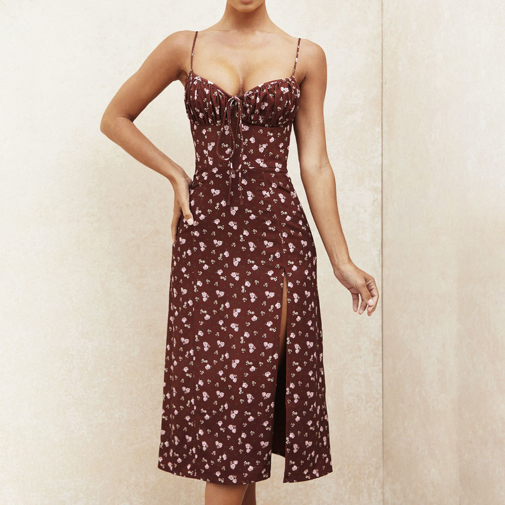 

2021 New Sexy Strap v Neck Split Midi Women Summer Bohemian Print Long High Waist Slim Club Evening Party F6r7, Burgundy