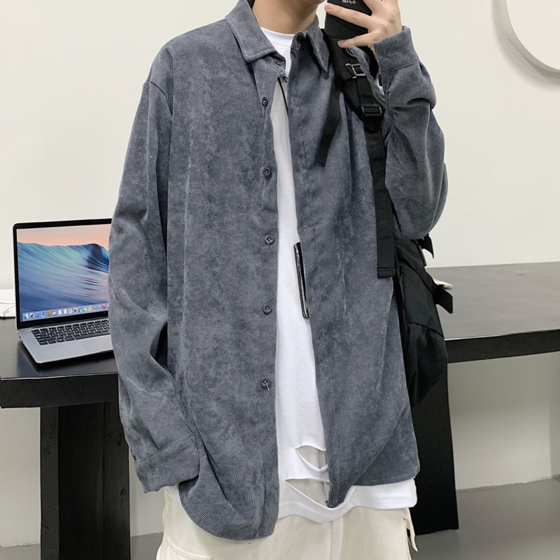 

2021 New Korean Style Corduroy Men's Fashion Solid Color Retro Casual Shirt Men Streetwear Loose Autumn Long-sleeved Shirts Mens 4l2m, Blue