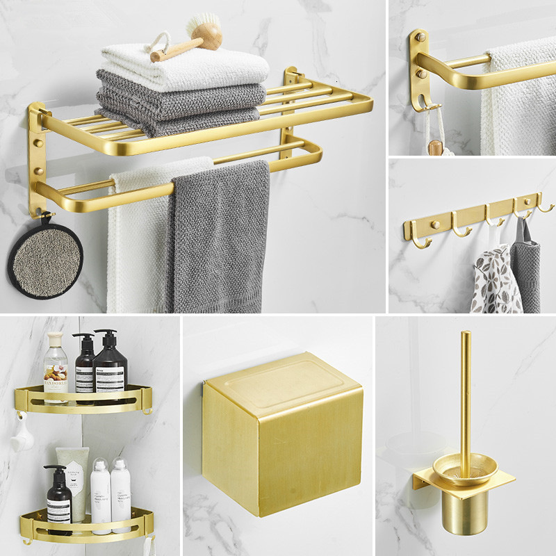 

2021 New Bathroom Accessories Set Brushed Gold Corner Shelf,towel Rack,towel Hanger Paper Holder,toilet Brush Holder Bath Hardware Sets V05u