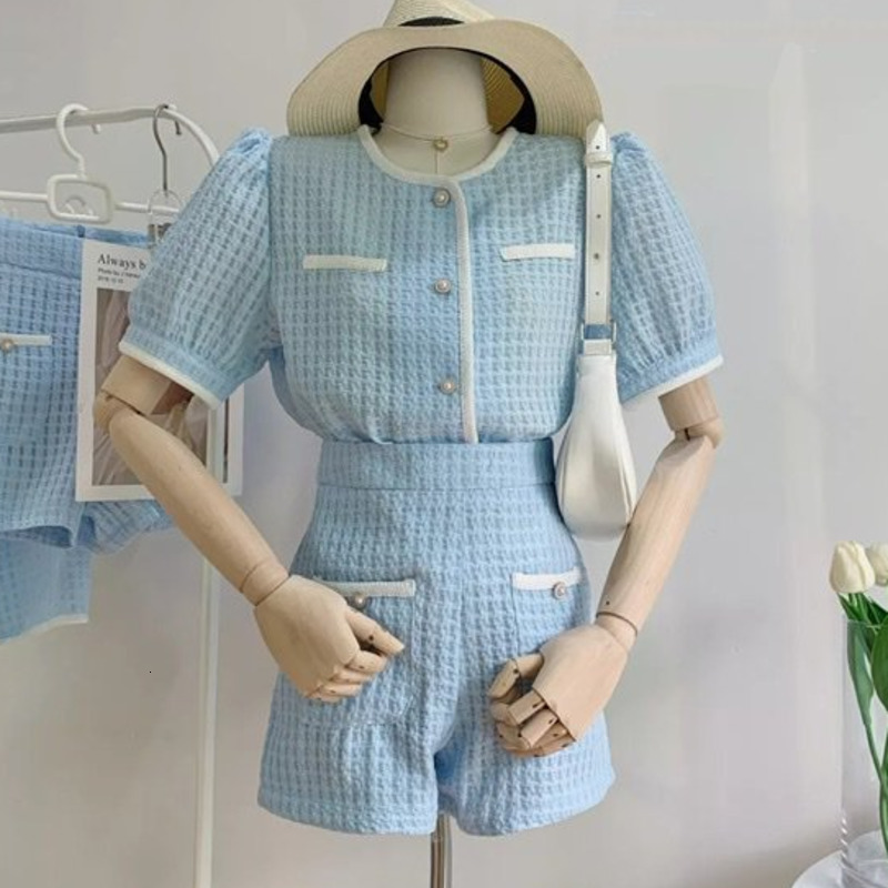 

Women's Jumpsuits & Rompers Korean Fashion Casual Two Piece Set Women Shirt Blouse Top + High Waist Shorts Small Fragrance Sweet 2, Picture color