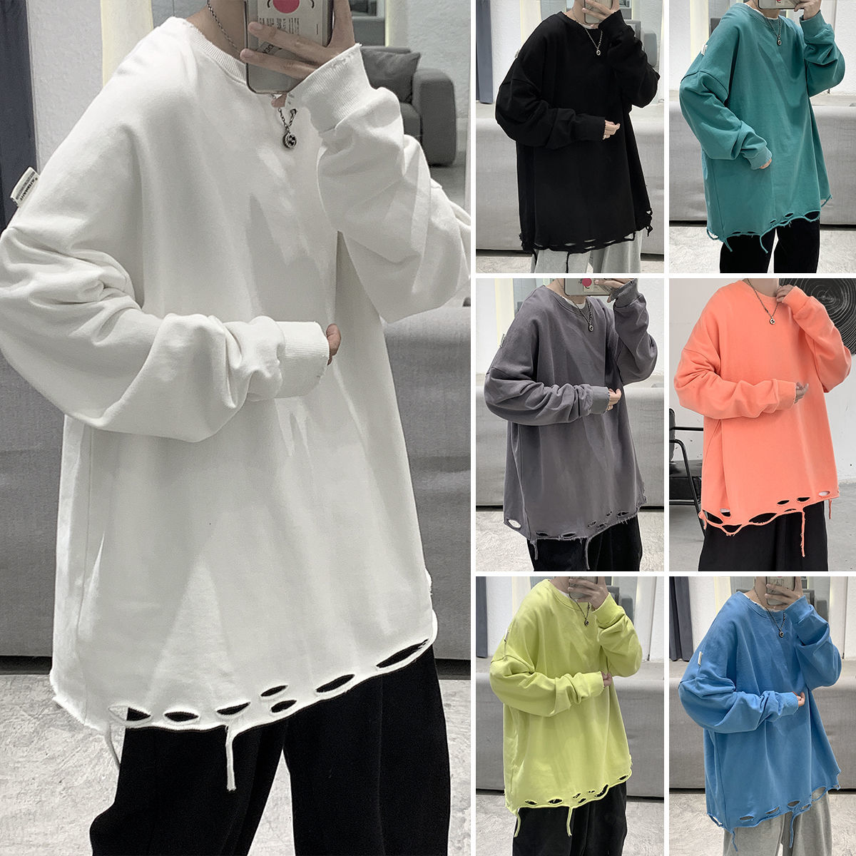 

2021 New Men's Casual Round Neck Pullover Loose Hole Decorate Coats Youth Fashion Hoodies Streetwear 8 Color Sweatshirts M-2xl 3zln, Black