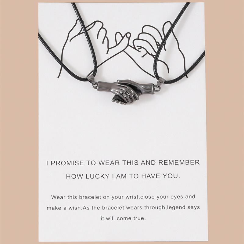 

Pendant Necklaces QiLuxy 2pcs Couple Magnet Handshake For Women Men Romantic Jewelry Metal Leather Chain Necklace BFF Gift, Silver