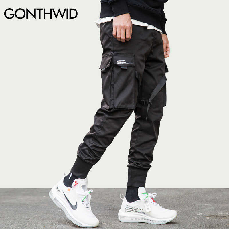 

GONTHWID Ribbon Buckle Multi-Pockets Harem Joggers Pants Streetwear Men Hip Hop Casual Cargo Sweatpants Trousers Pants Male 210616, Black