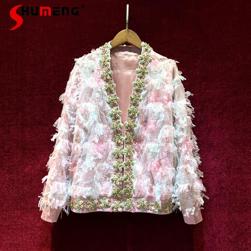 

Women's Jackets High-End Temperament Casual All-Matching 3D Flowers Mesh Fashion Diamond Coat For Women Spring 2022 Clothing, Black;brown