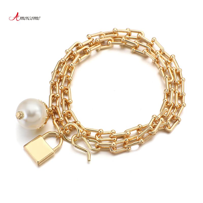 

Link, Chain Amorcome Punk Lock Bracelet Imitation Pearl Double Layer Bracelets Alloy Bangles For Women Couple Jewelry