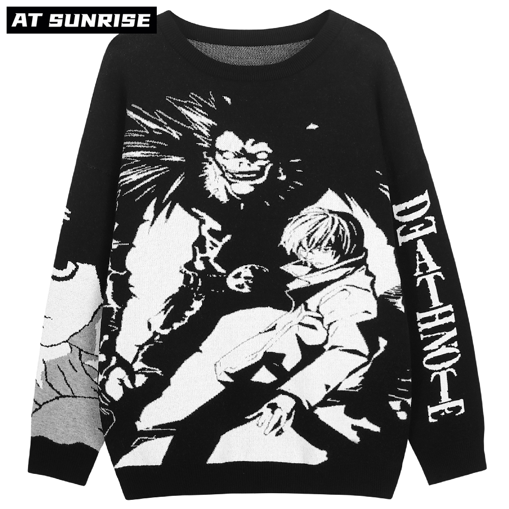 

Mens Hip Hop Streetwear Harajuku Sweater Vintage Retro Japanese Style Anime Death Note Knitted Sweater Autumn Cotton Pullover