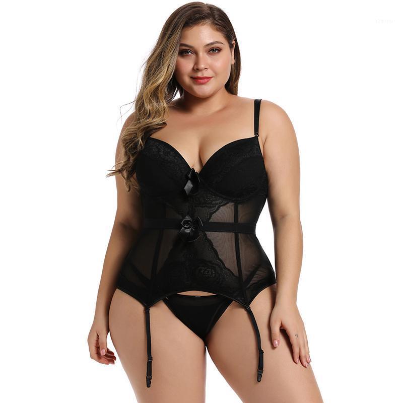 

Plus Size Corset Lingerie Lace Up Bodysuit For Women Strap And Backless Bowknot Corsets Bustiers With Suspenders &, Black
