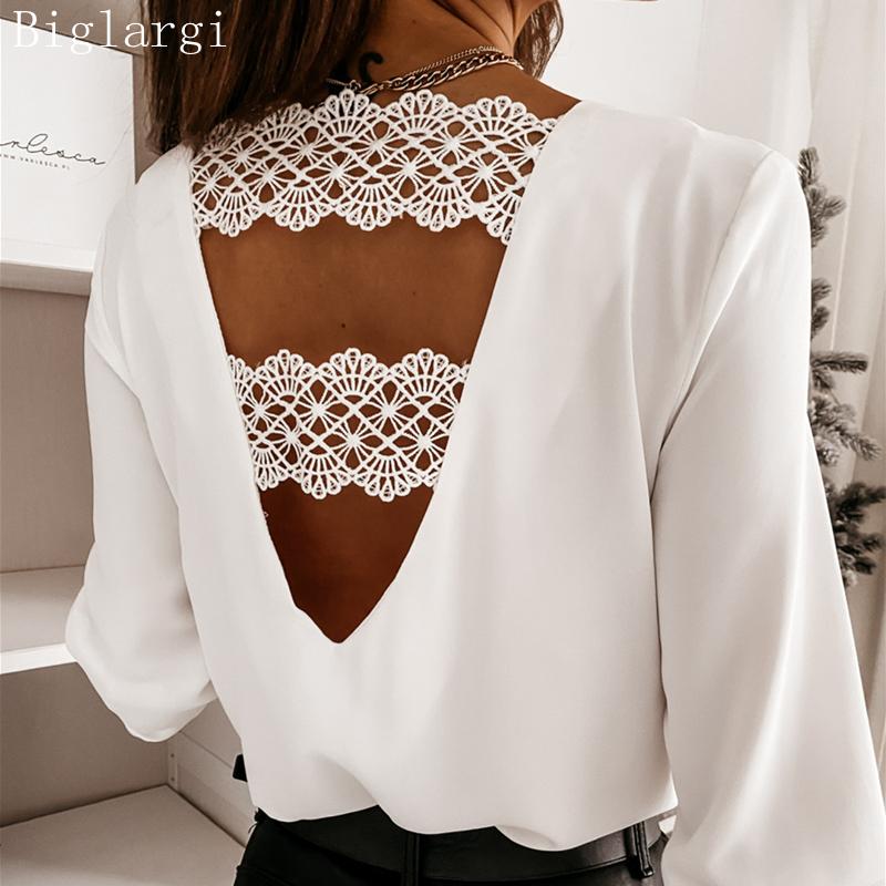 

Women's Blouses & Shirts Lace Shirt Long Sleeve Chiffon Blouse Women Korean Womens Tops Elegant Sexy Woman Vintage Ladies Spring Autumn, White