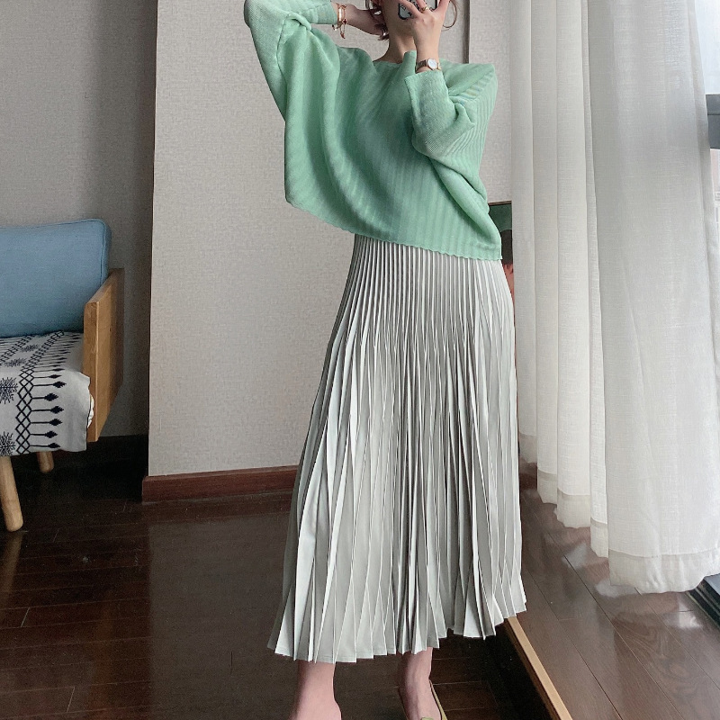 

New Pleated 2021 Spring Summer Korean Style Niche Designer A-line High Waist Slim Black Long Wrap Aesthetic Skirt Dznv, Gray green