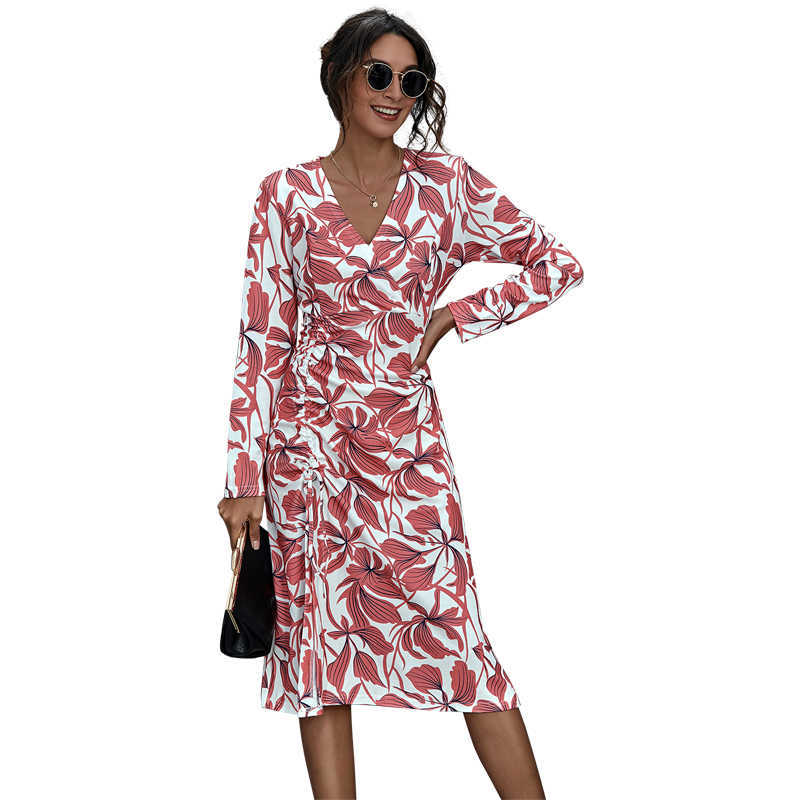 

Temperament V Neck Long Sleeve Vintage Floral Print Folds Split Fork Dress Women Elegant Streetwear Drawstring Casual Dresses 210608, Pink