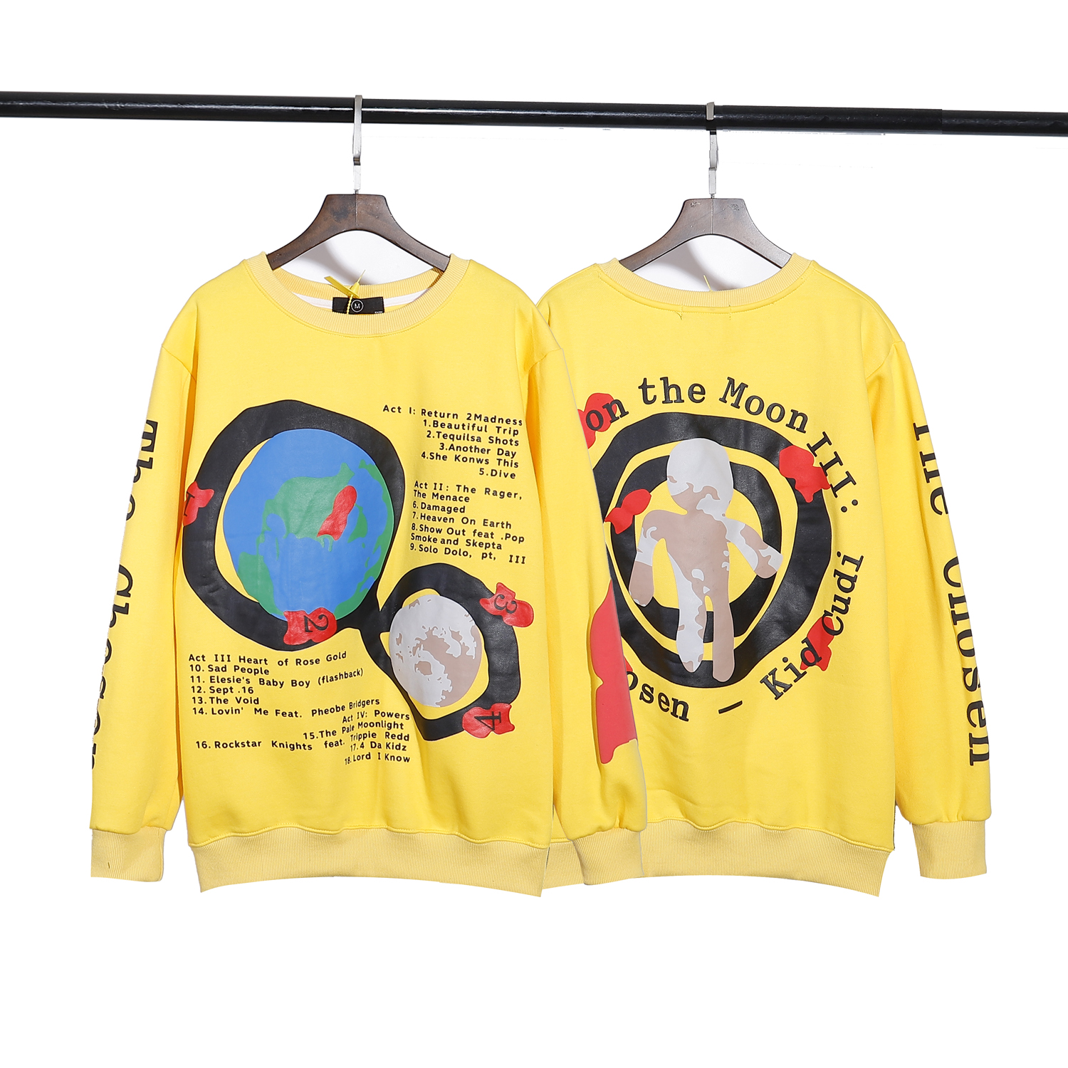 

Designer kanye hoodie sweatshirts women men pullover cerwneck yellow printing loose long sleeve on the moon womens mens crew neck, I need other product