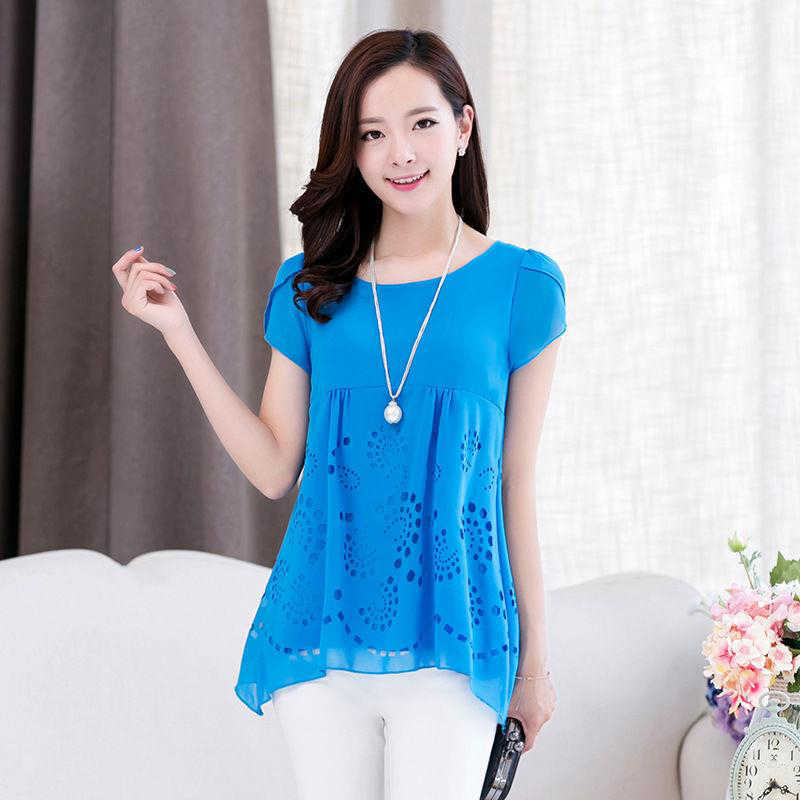 

Women Blouse shirt Casual O-neck Loose Plus Size 5XL Chiffon Hollow short Sleeve Female summer Tops DF2620 210609, Rose