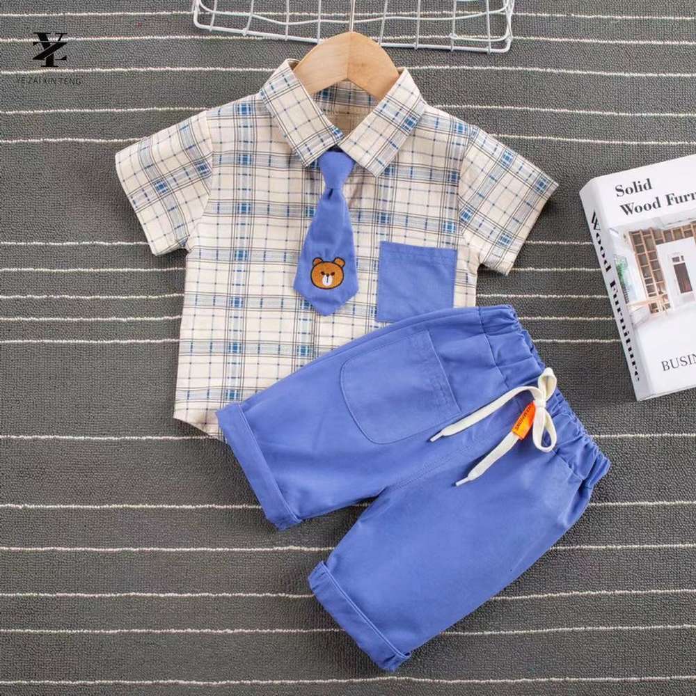 

Boys and girls suits Yezai Summer Boys cartoon tie gentleman strap shorts short sleeve shirt three piece children's suit, White